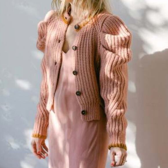 Ulla Johnson Elle Cardigan Rosewood Baby Alpaca Puff Sleeve Knit Sweater Large - Picture 7 of 13